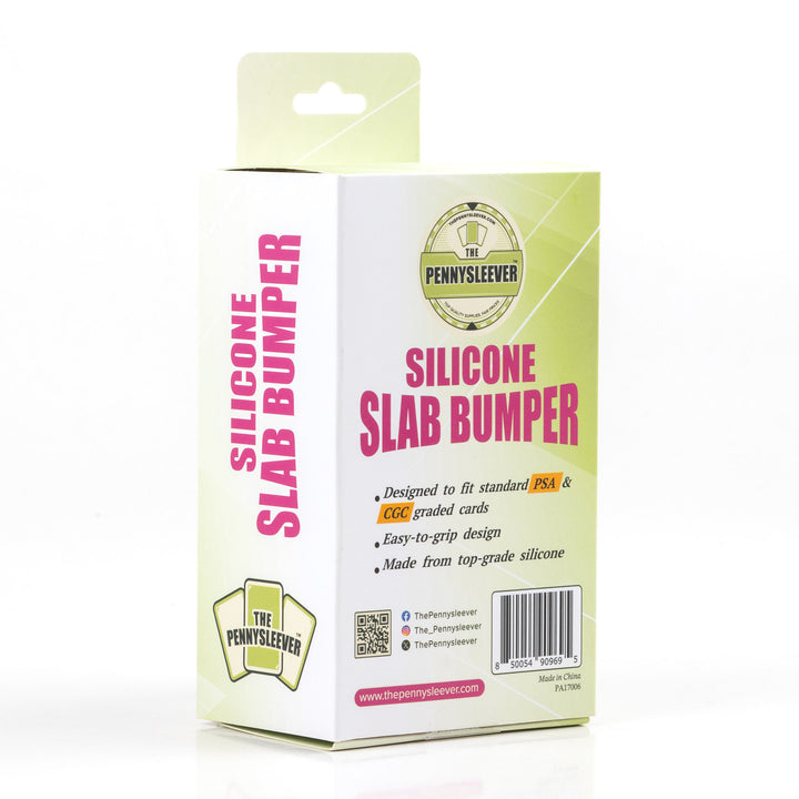 Silicone slab bumper packaging with brand logo and product details on a white background