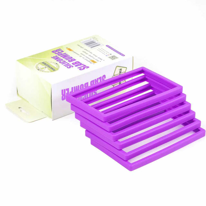 Purple silicone slab bumpers with a box  on a white background