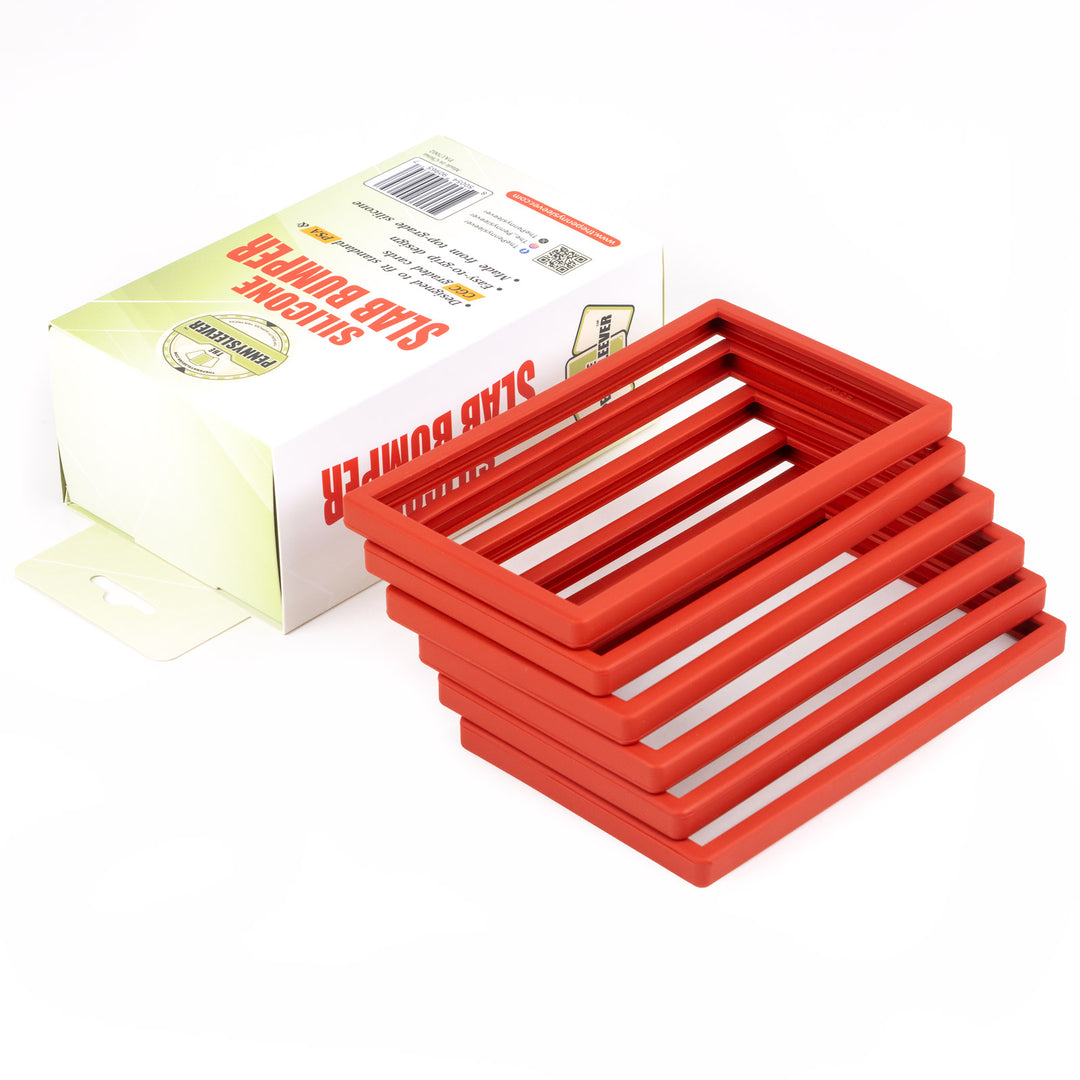 Red silicone slab bumpers with a cardboard box on a white background