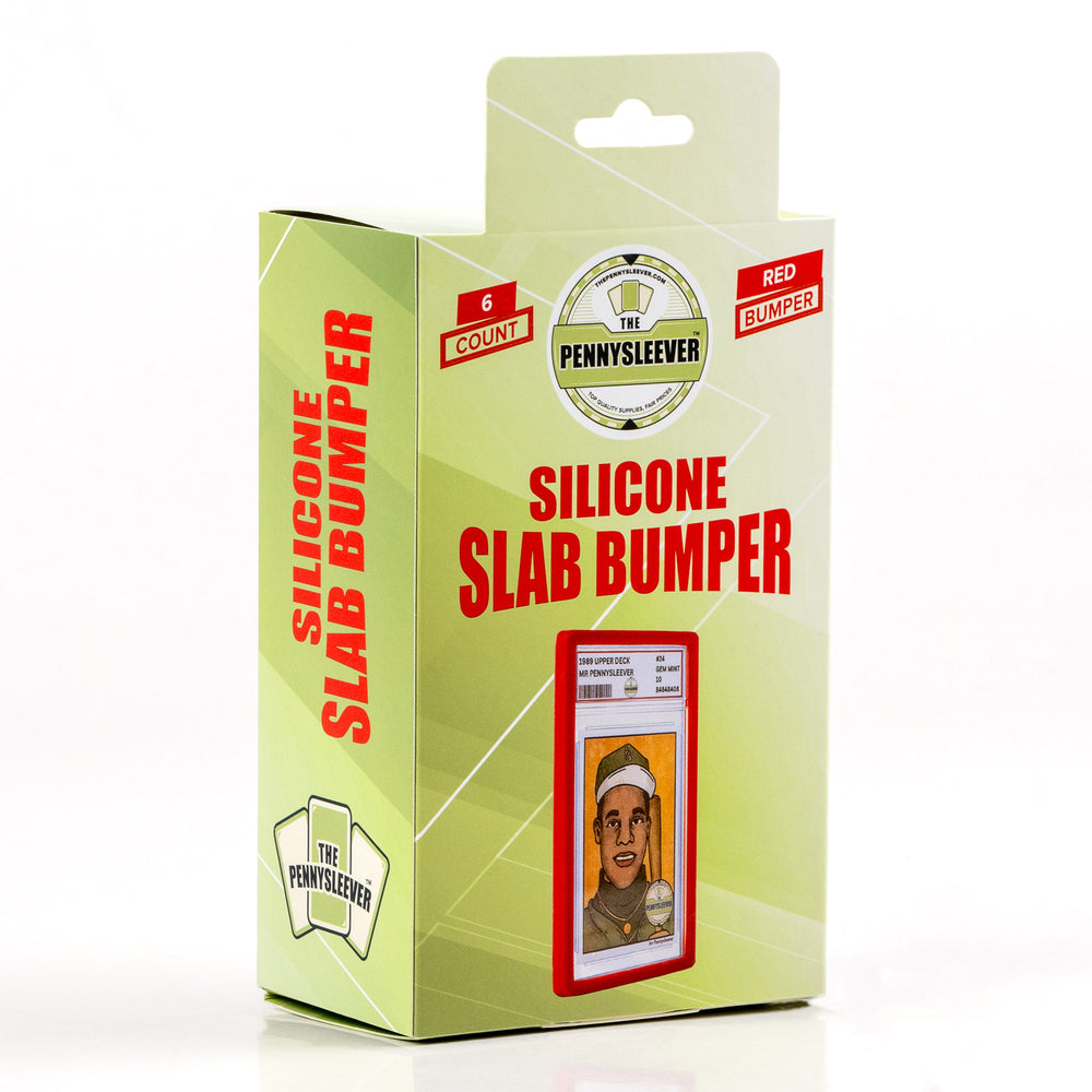 Box containing six red silicone slab bumpers from The Pennysleever on a white background.