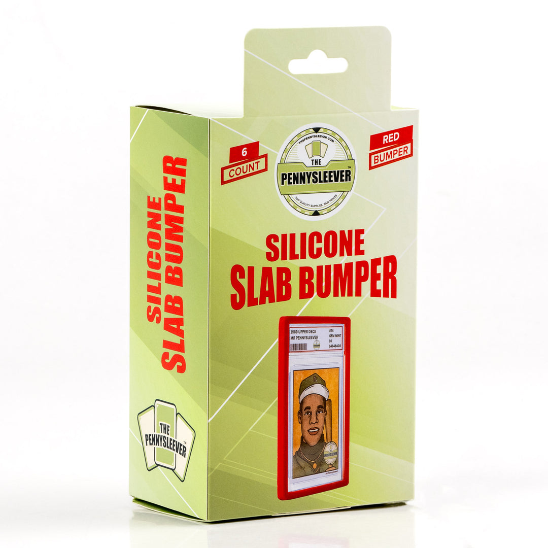 Box containing six red silicone slab bumpers from The Pennysleever on a white background.