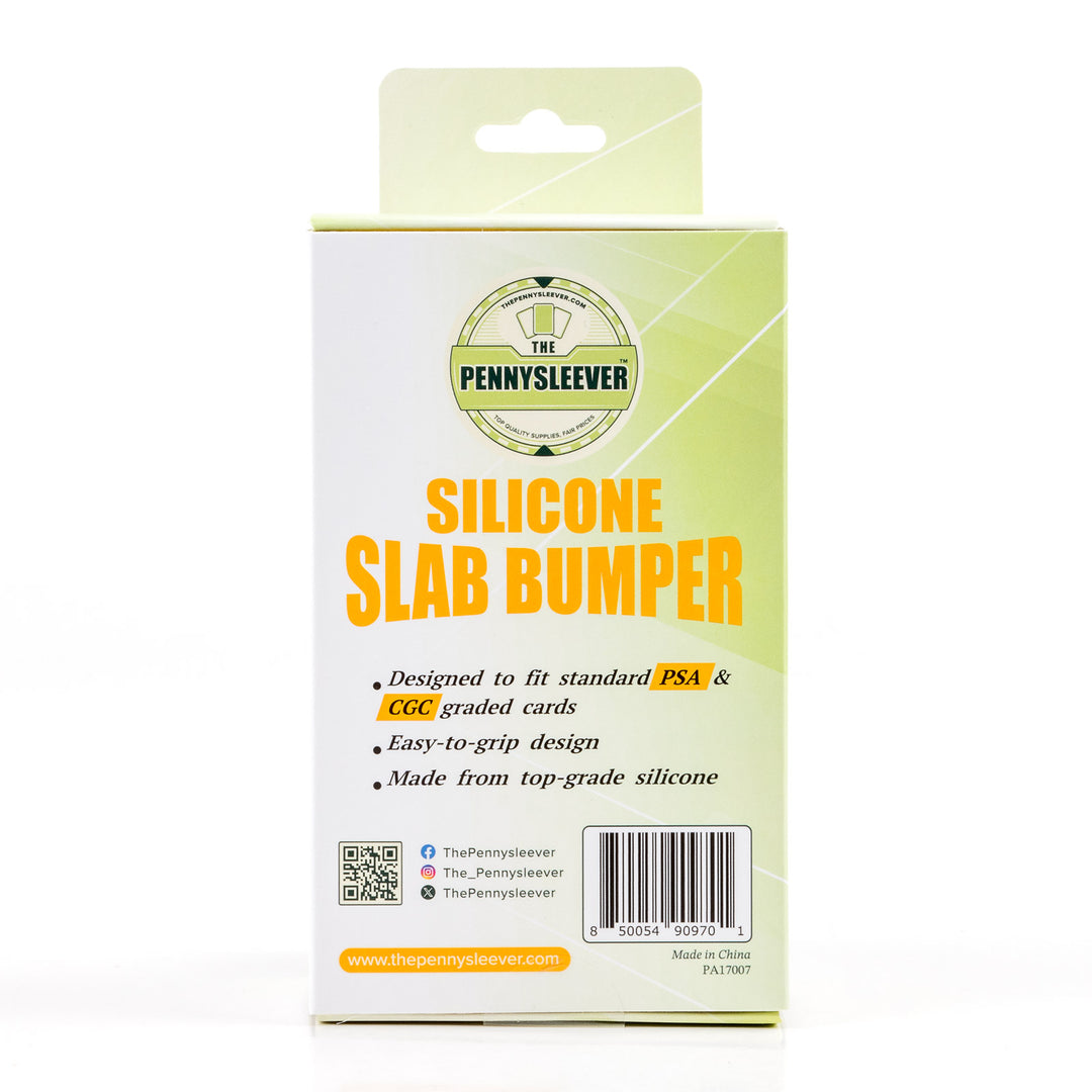 Packaging of a silicone slab bumper with branding and product details on a white background