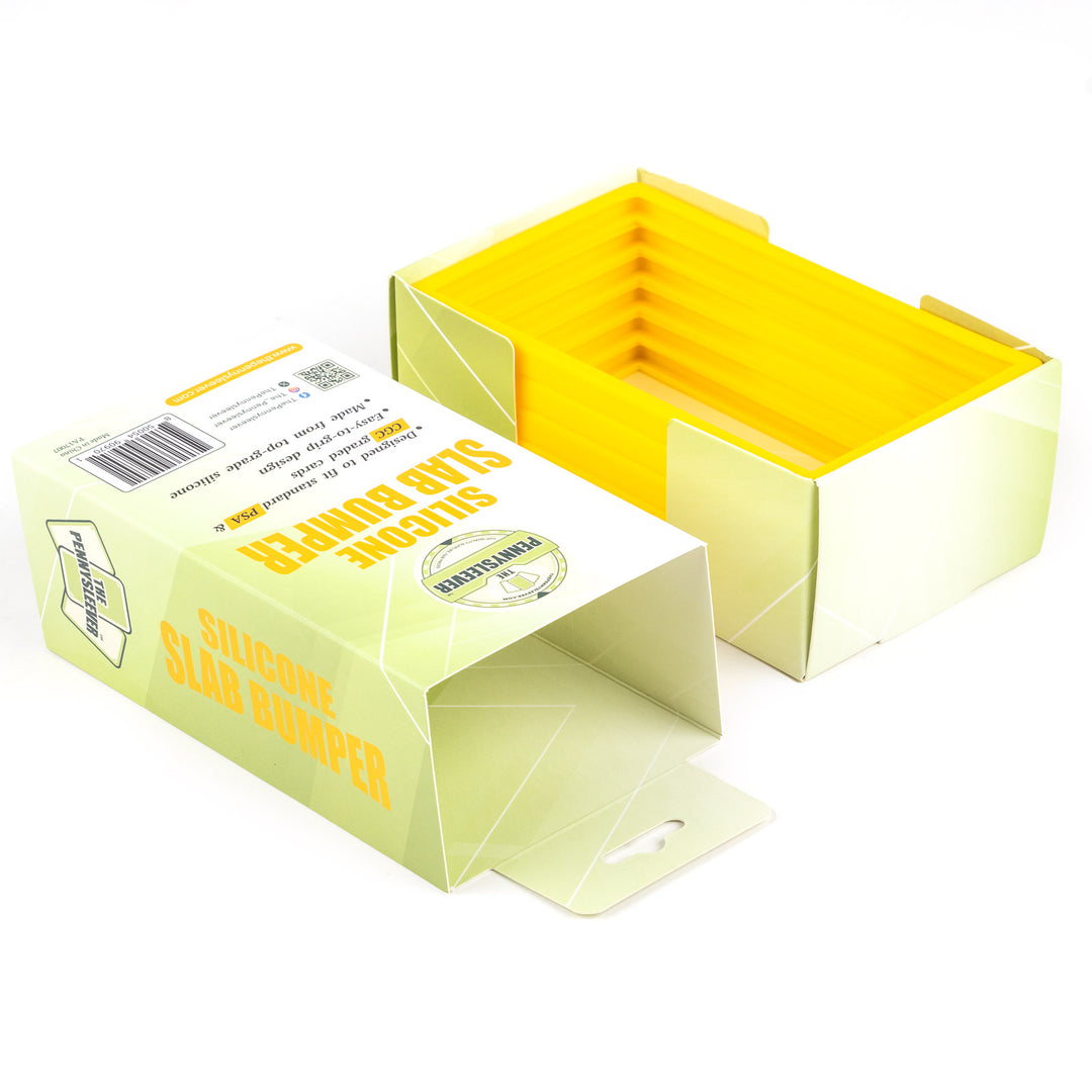 Yellow silicone slab bumper with packaging on a white background