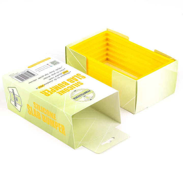 Yellow silicone slab bumper with packaging on a white background