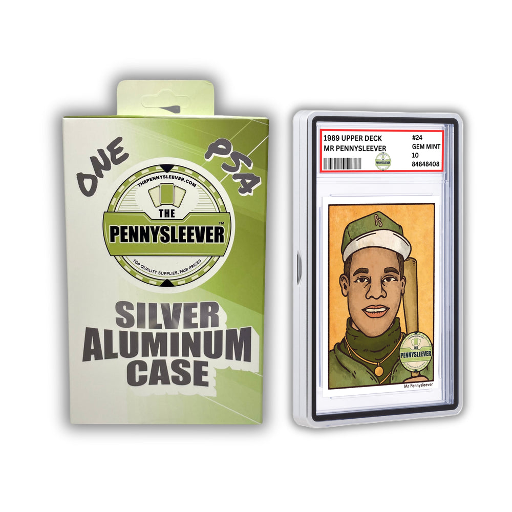 The Pennysleever’s silver aluminum case for PSA and CGC slabs showcases a vintage‑style Ken Griffey Jr. card inside and is engineered with a strong, secure magnetic closure to keep your slab protected.