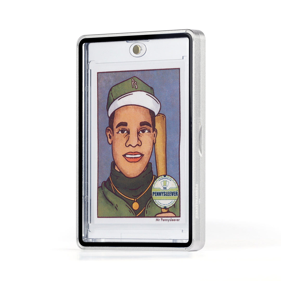 A clear Color Frame 35pt Magnetic Card Holder Aluminum protective case with a striking and shiny silver border, shown upright on a white background. Inside the case is a custom portrait of a baseball player &
