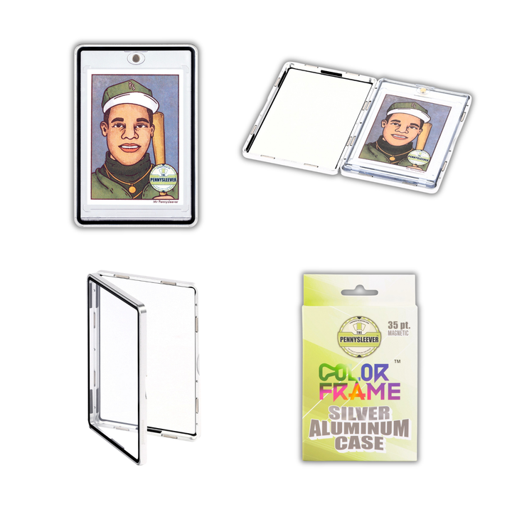 Four views of a shiny and striking silver aluminum case for 35pt Magnetic Card holder on a white background, including one with a custom &
