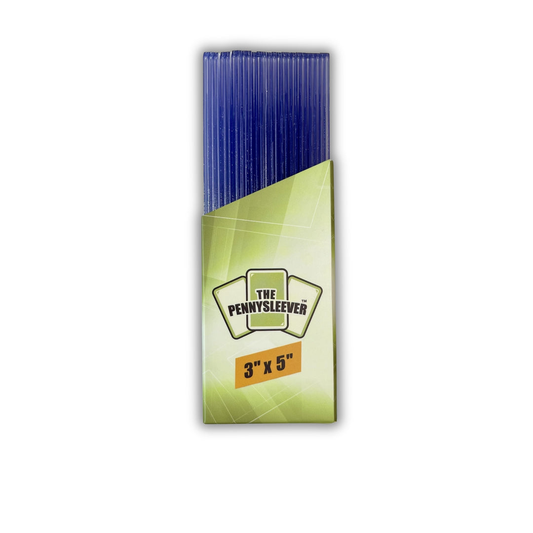 Pack of The PennySleever Toploader for tall cards with blue top and green bottom on a white background