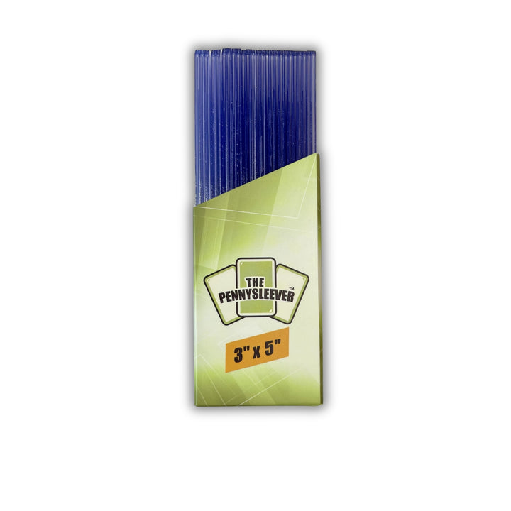 Pack of The PennySleever Toploader for tall cards with blue top and green bottom on a white background