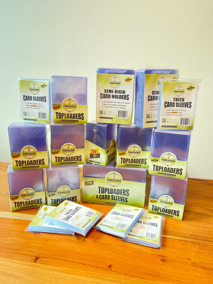 A secondary view of the toploaders and supplies that make up the Eclectic bundle.