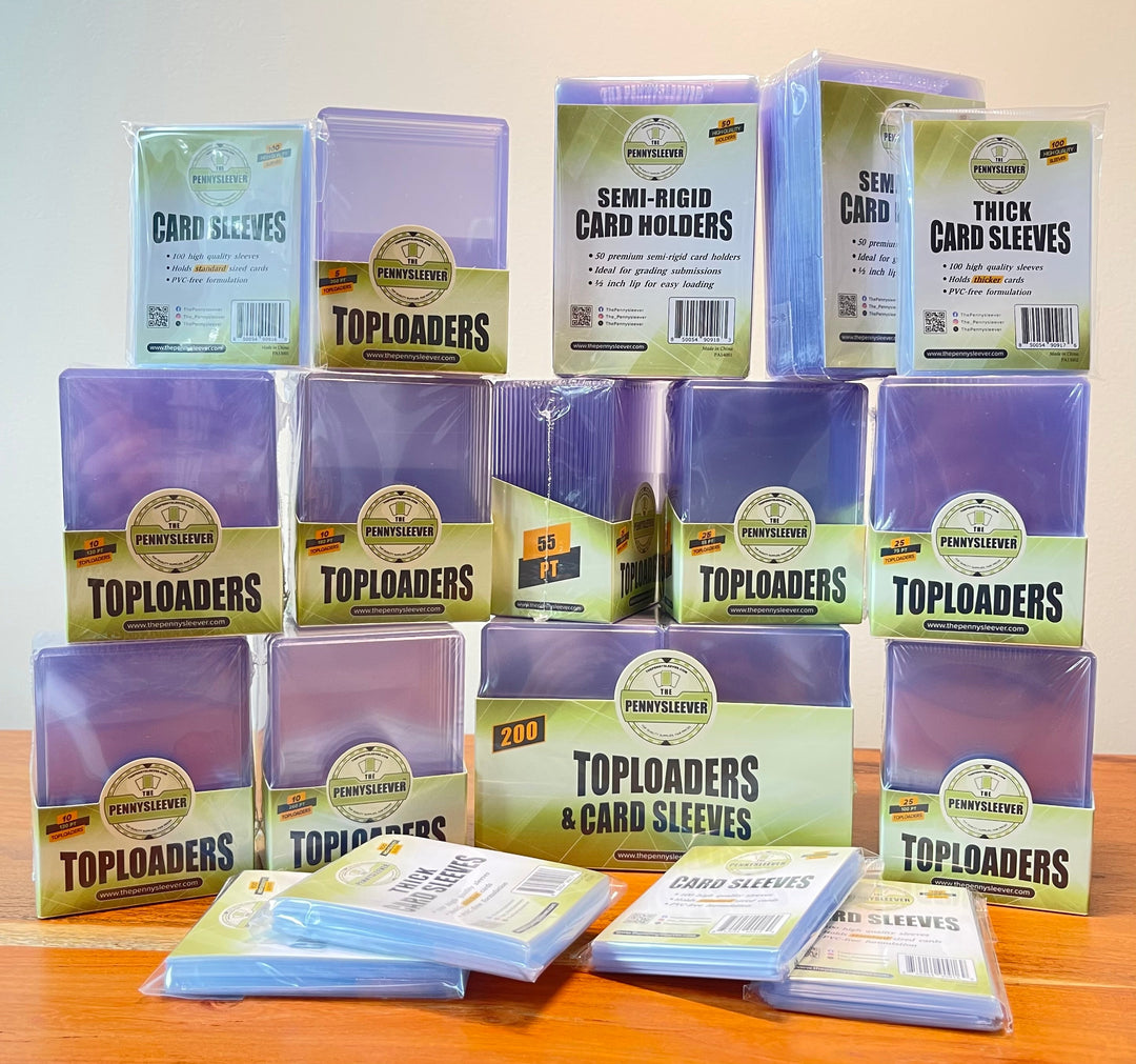 A close-up shot of the toploaders and card sleeves that make up The Eclectic bundle.