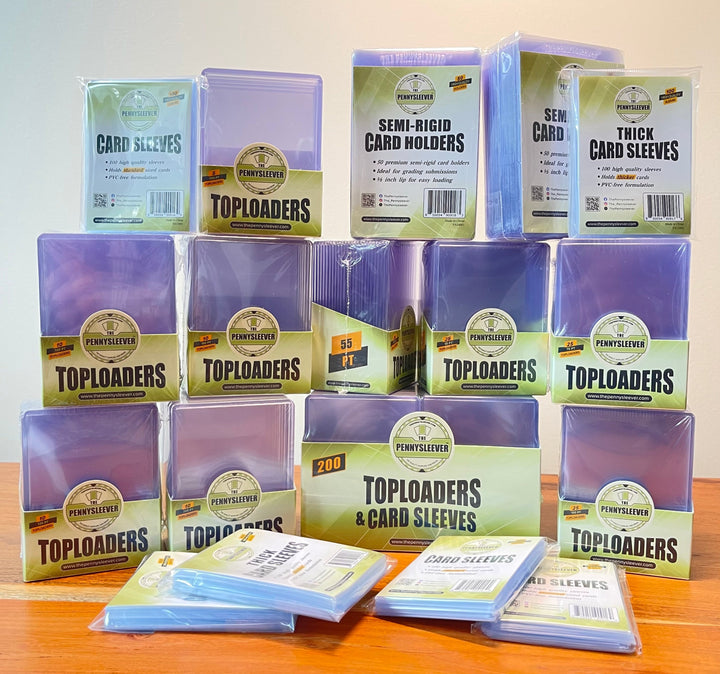 A close-up shot of the toploaders and card sleeves that make up The Eclectic bundle.