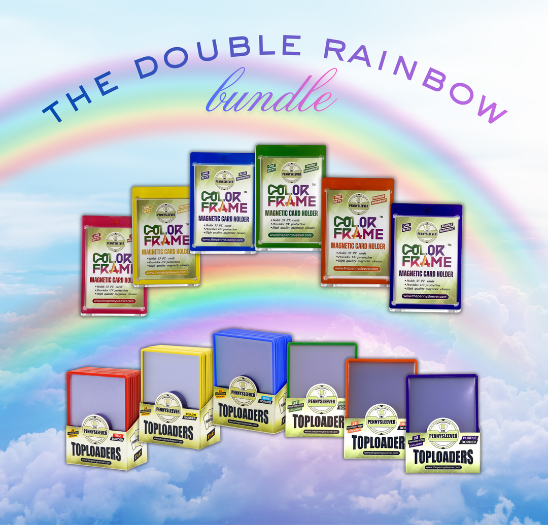 Collection of colorful card storage products with a rainbow and cloud background, labeled 'The Double Rainbow Bundle'.