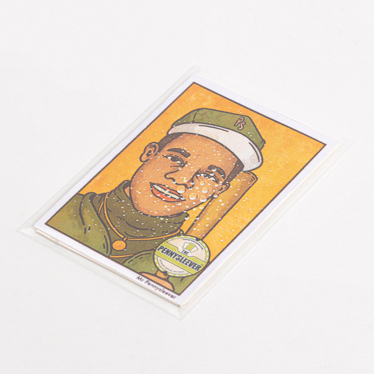 A single thick card sleeve with water droplets against a white background.