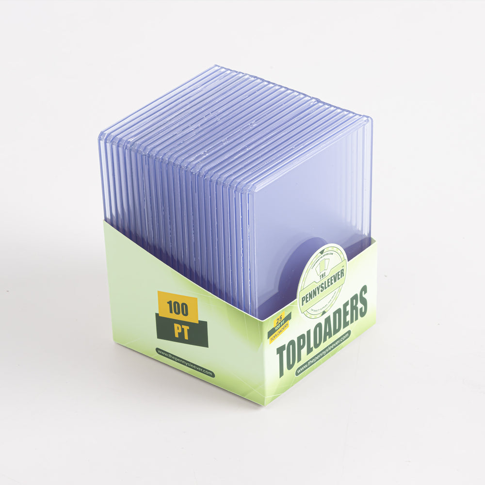 45 degree view of a full pack of 100 point toploaders from The Pennysleever.
