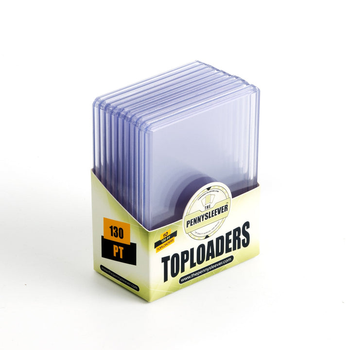 45 degree view of a pack of 130 point toploaders from The Pennysleever.