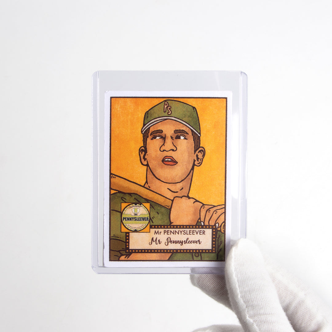gloved hand holding a baseball card in a 130 point toploader.