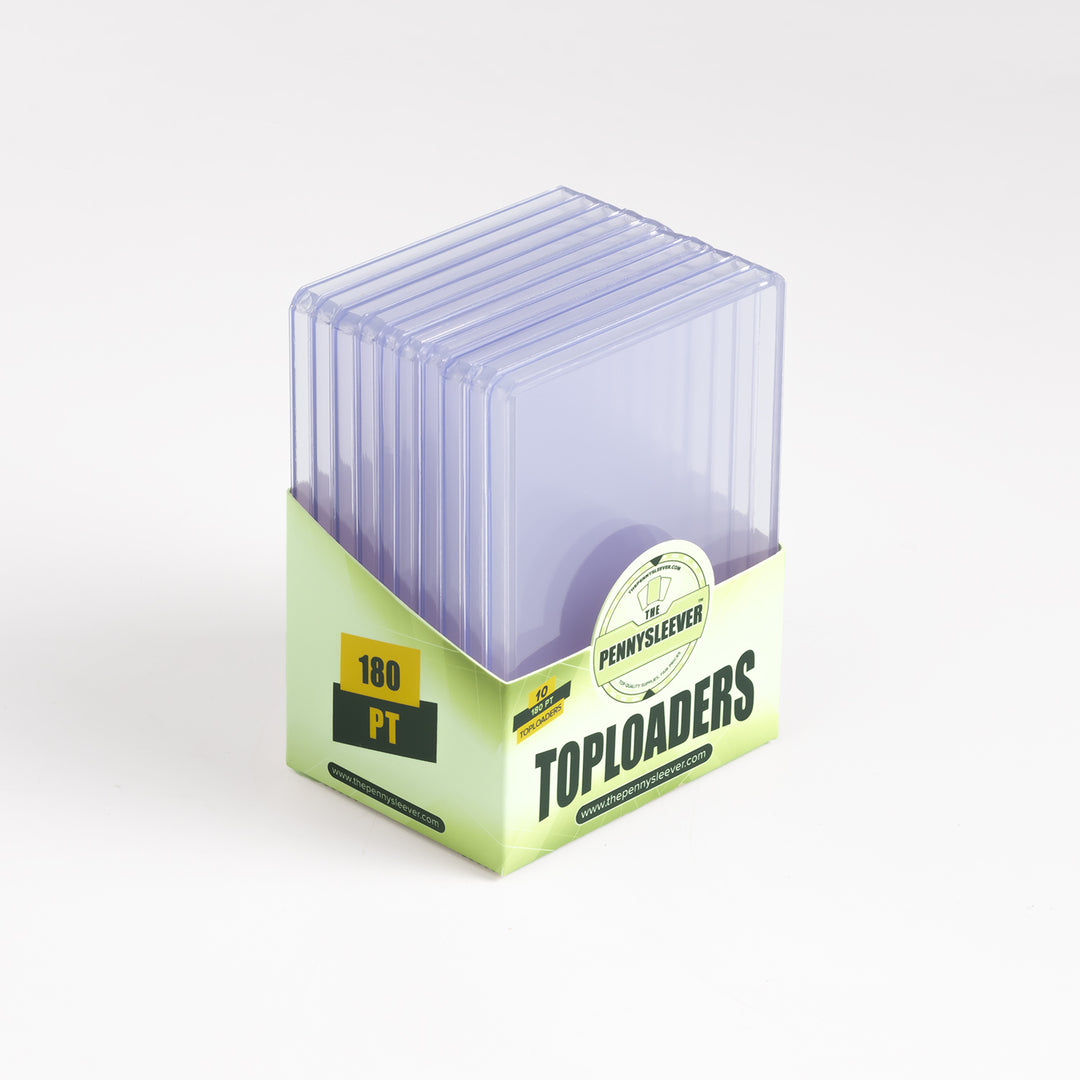 45 degree left view of a full pack of 180 point toploaders from The Pennysleever against a white background.