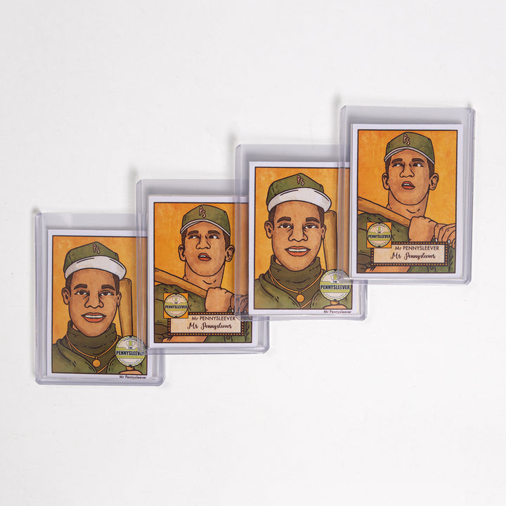 Four baseball cards in 180 point toploaders against a white background.