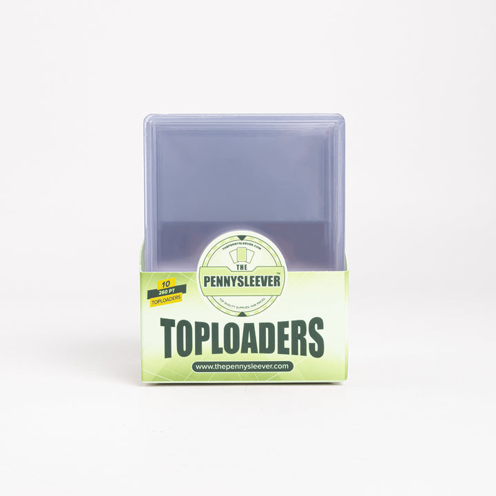 A straight-on view of a full pack of The Pennysleever 260 point toploaders against a white backdrop.