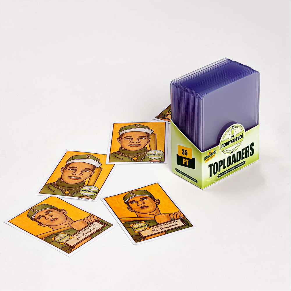 Collection of custom baseball vintage-style trading cards with a box of 25count standard 35pt rigid toploaders from The Pennysleever brand.