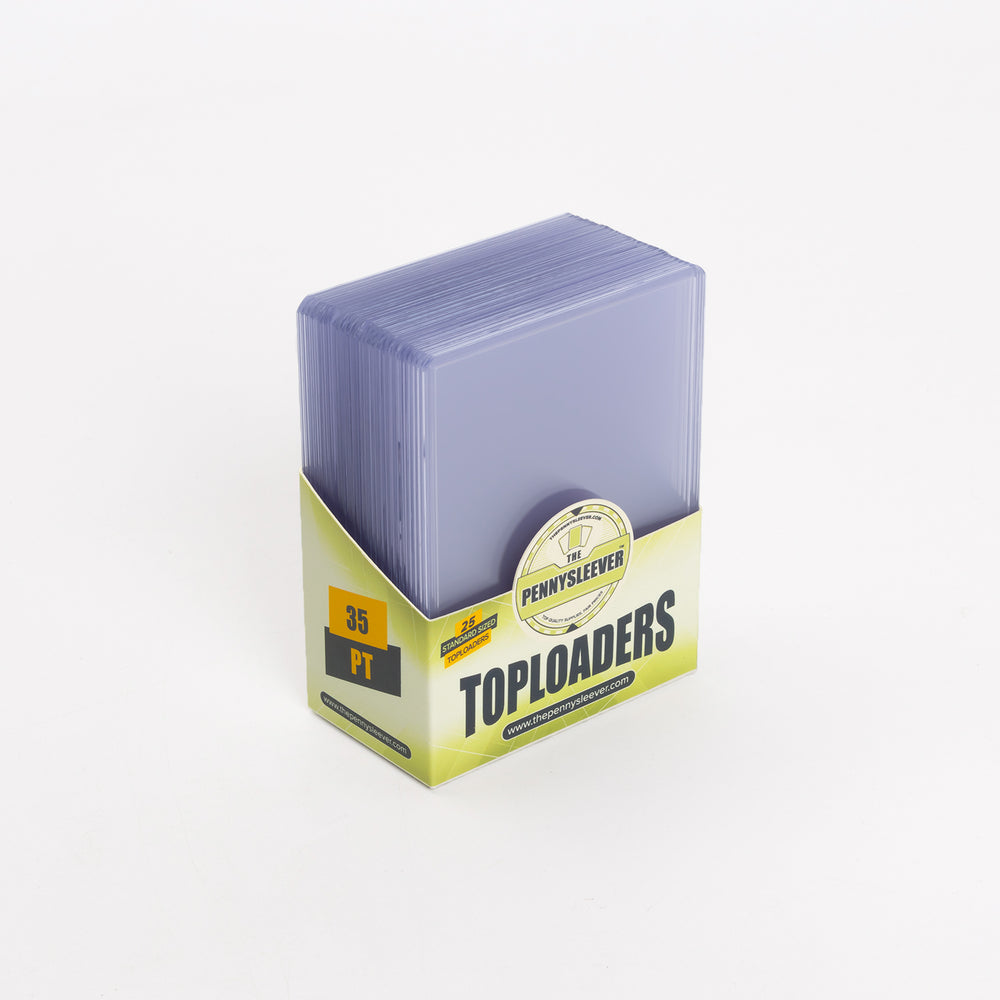 A full pack of 35 point toploaders from The Pennysleever, at a 45 degree right angle, against a white backdrop.