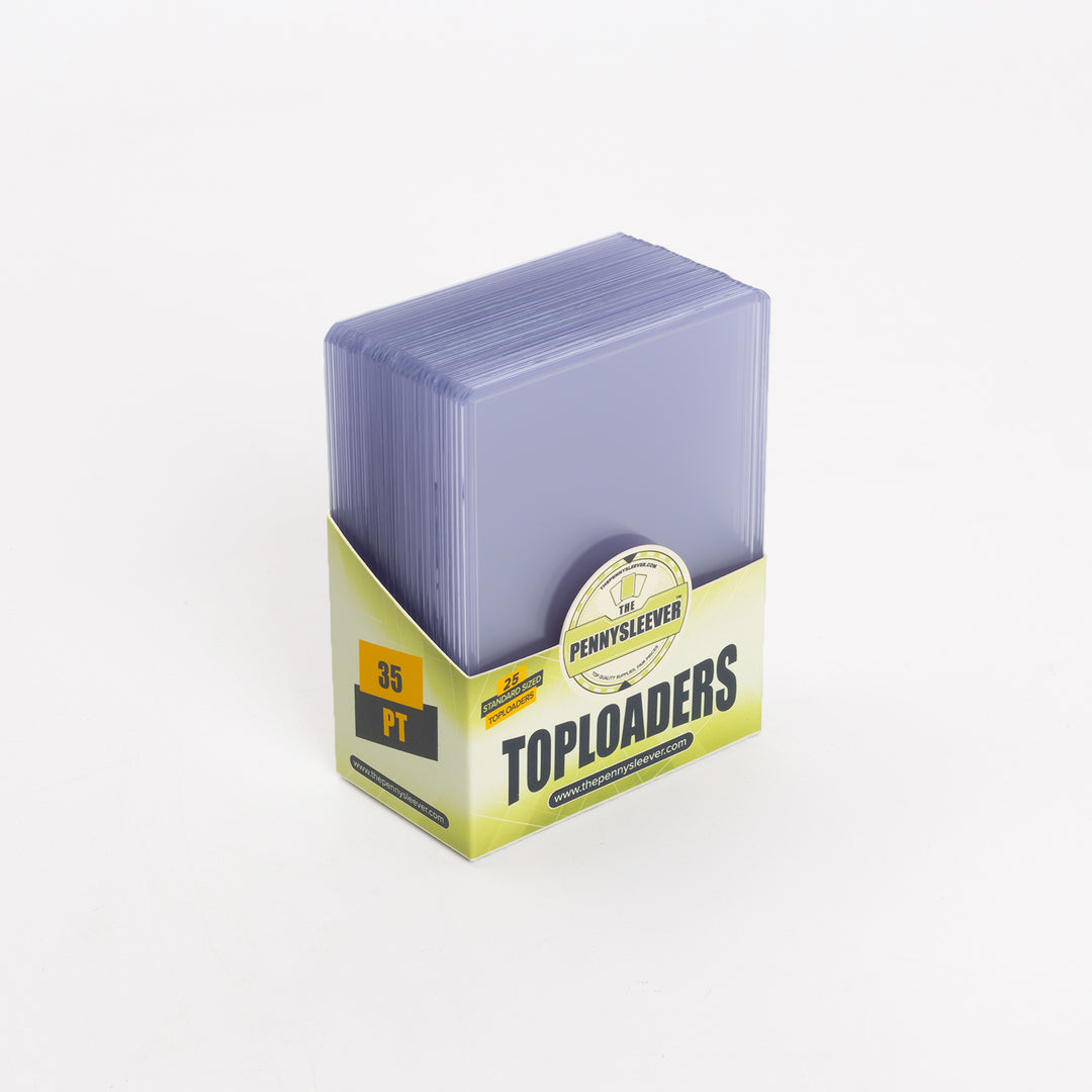 A full pack of 35 point toploaders from The Pennysleever, at a 45 degree right angle, against a white backdrop.