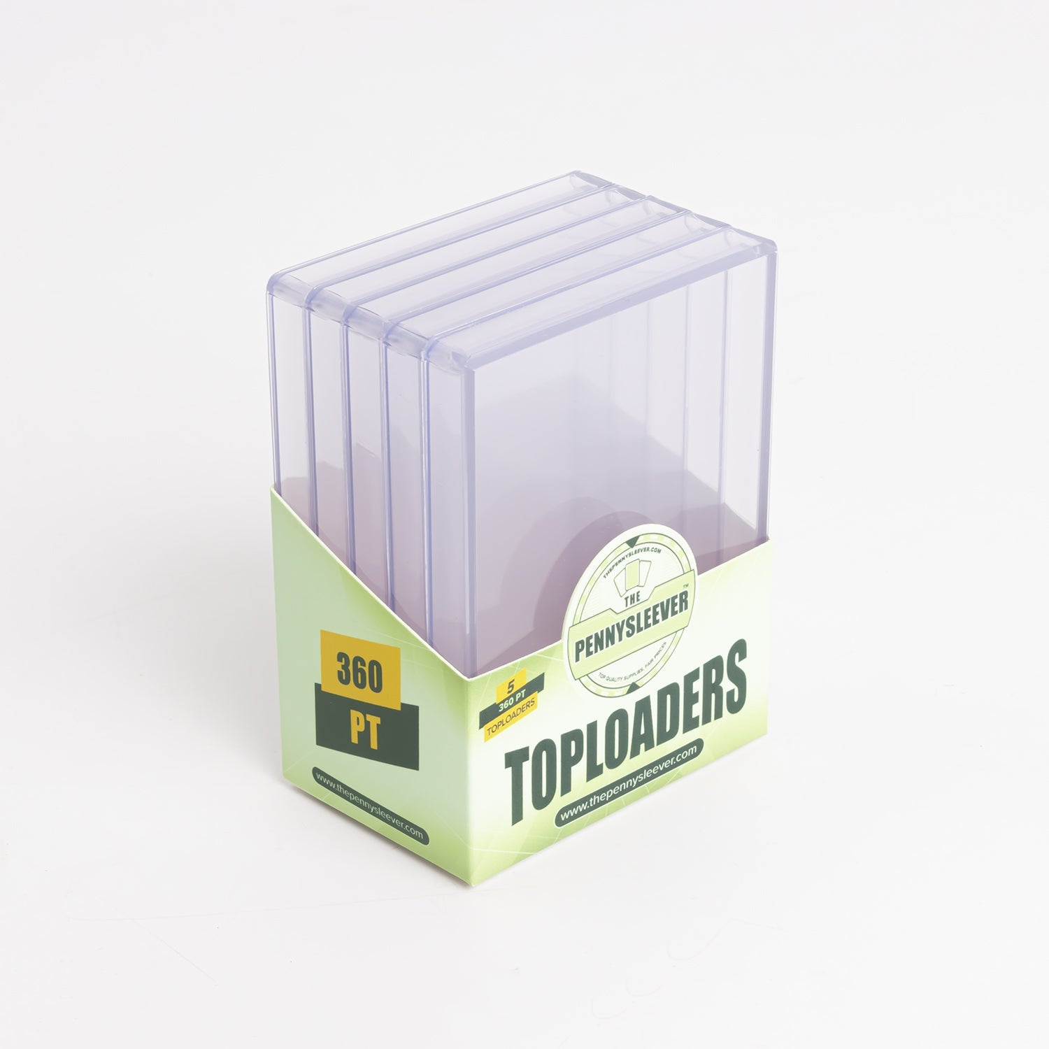 An angled view of a full pack of 360 point toploaders against a white background.