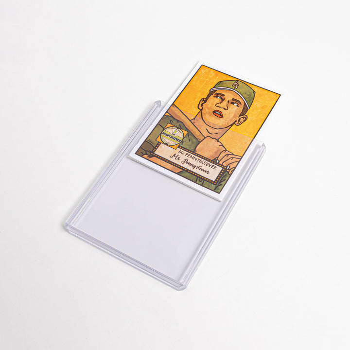 A 360 point toploader at an angle, with a card protruding from it.