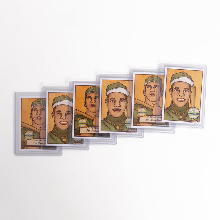Six baseball cards in 55 point toploaders arranged diagonally against a white background.