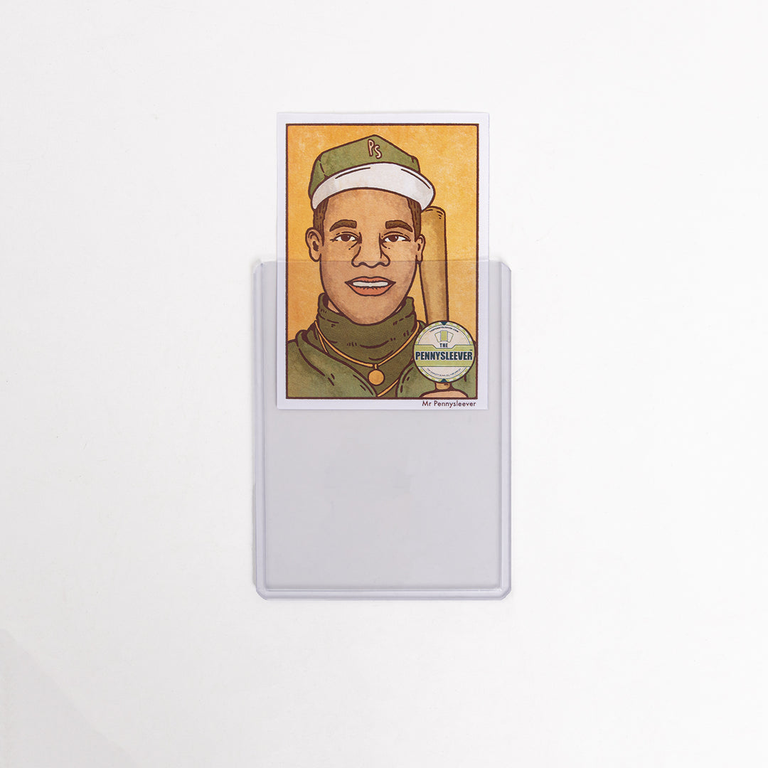 A baseball card halfway inserted into a 55 point toploader, with a white background.