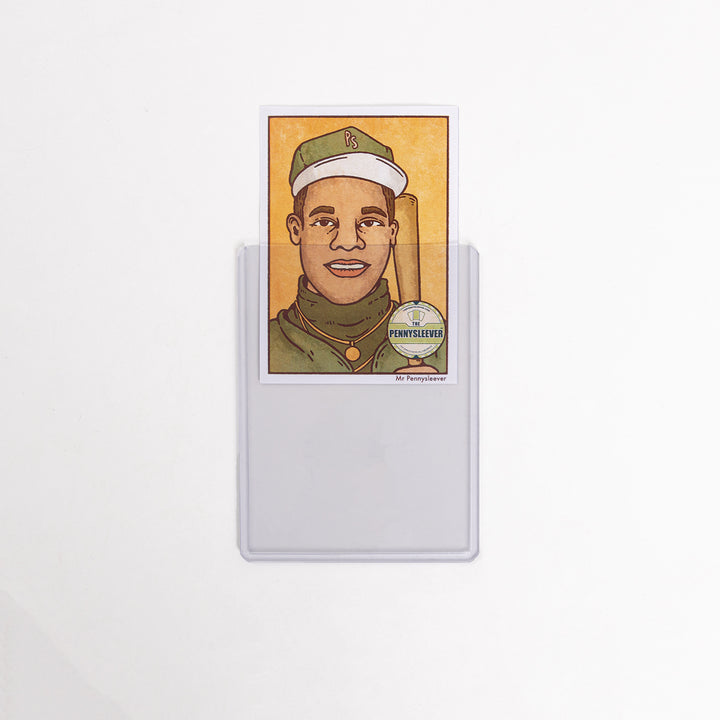 A baseball card halfway inserted into a 55 point toploader, with a white background.