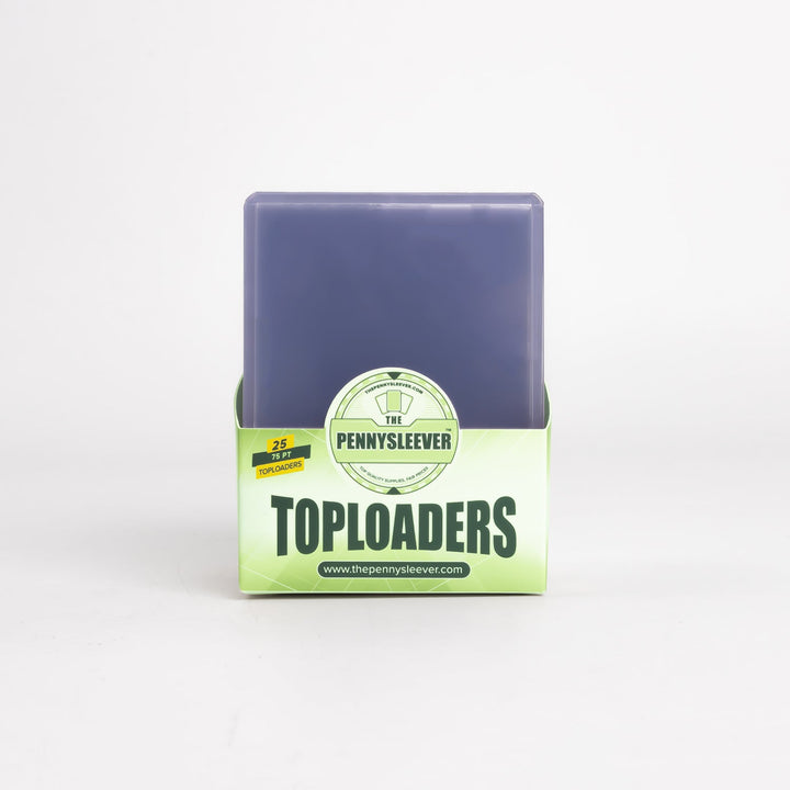 Front view of a full pack of 75 point toploaders with a white background.