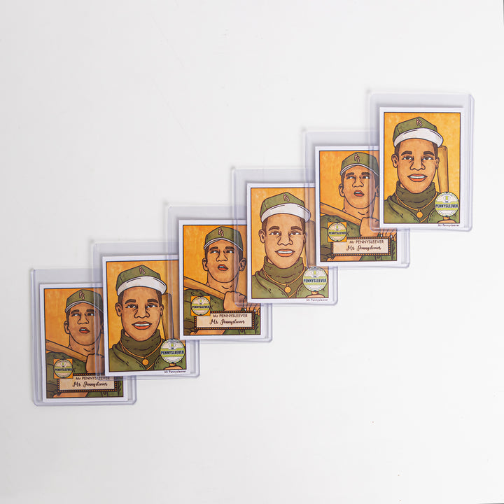 Six baseball cards in 75 point toploaders arranged diagonally against a white background.