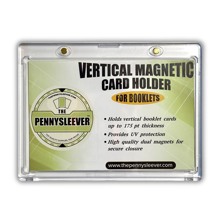 Dual magnets vertical magnetic card holder for booklets with Pennysleever branding on a white background