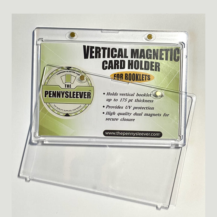 The Pennysleever vertical magnetic card holder for booklets with green label on a white background