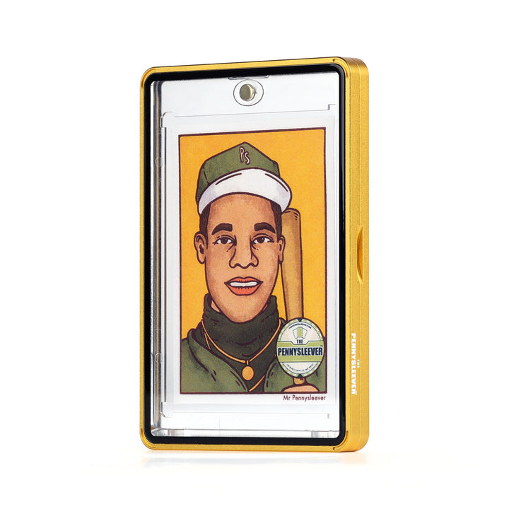 A clear Color Frame 35pt Magnetic Card Holder Aluminum protective case with a shiny striking yellow gold border, shown upright on a white background. Inside the case is a custom portrait of a baseball player &