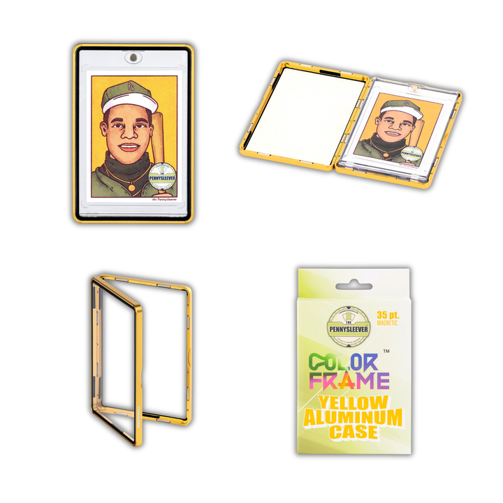 Four views of a shiny and striking gold yellow aluminum case for 35pt Magnetic Card holder on a white background, including one with a custom &