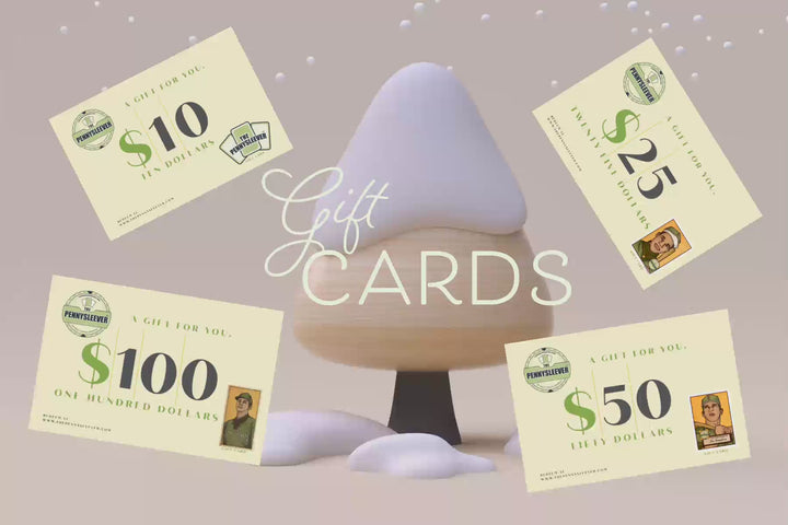 Snow falling against an image of four gift cards from The Pennysleever.