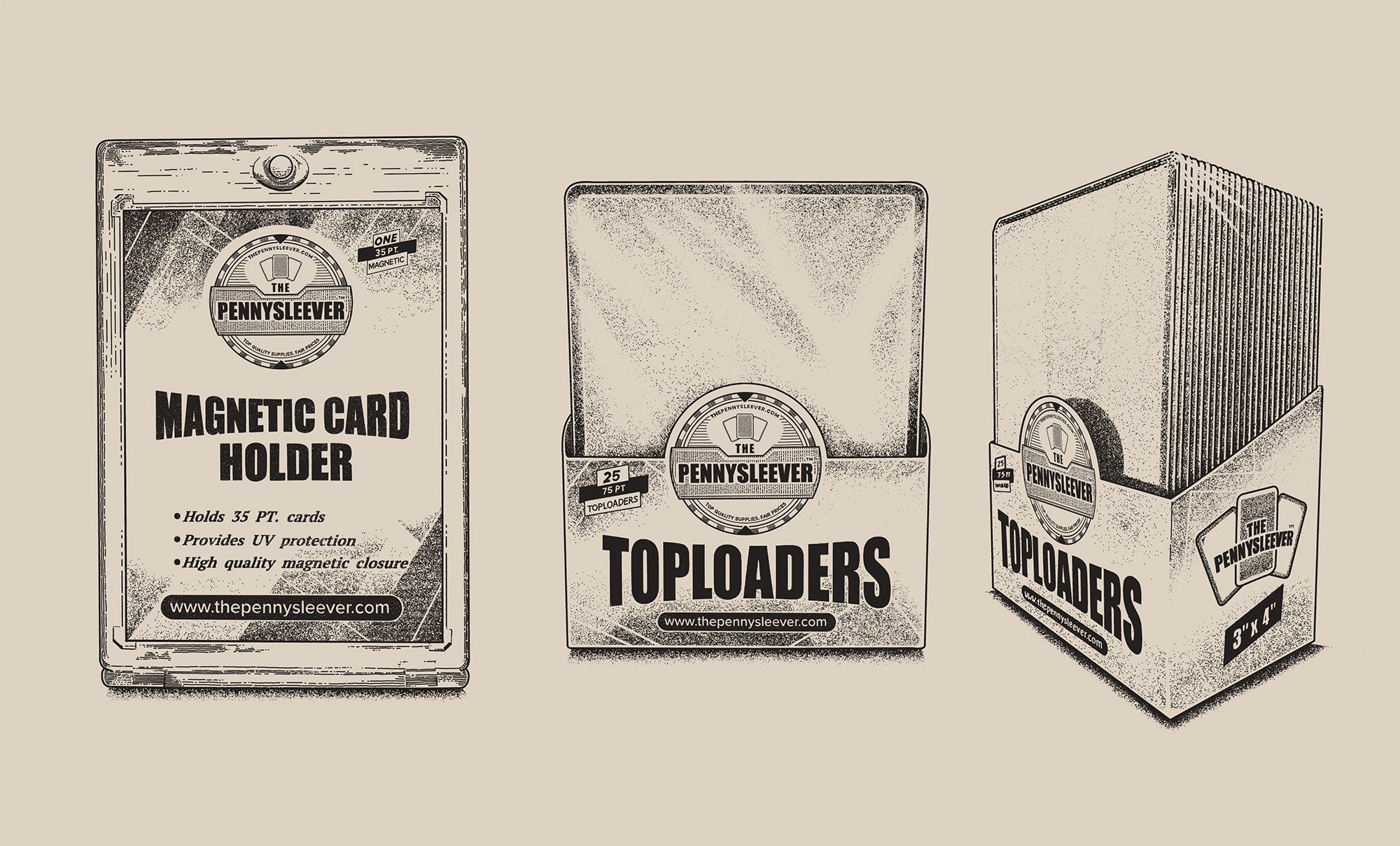 The Pennysleever card protection guide banner with trading card storage products